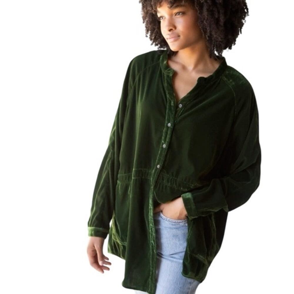 Natural Life Women’s Large Laid Back Velvet Button Down Boho Tunic Chic Pockets